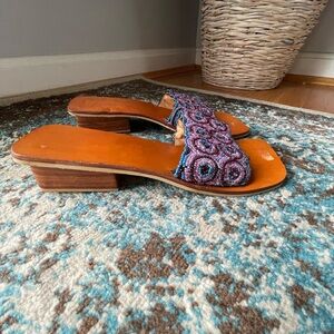Hand Beaded Wooden Square Toe Sandals Size 8